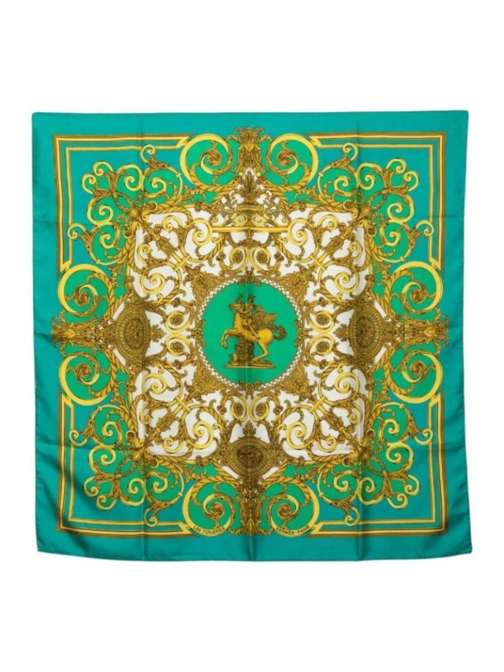 Hermes Carre 90 les Tuileries Roulis Park Scarf Green Silk